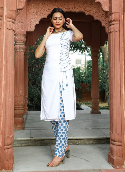 Angrakha White Kurti With Printed Blue Pant Set.