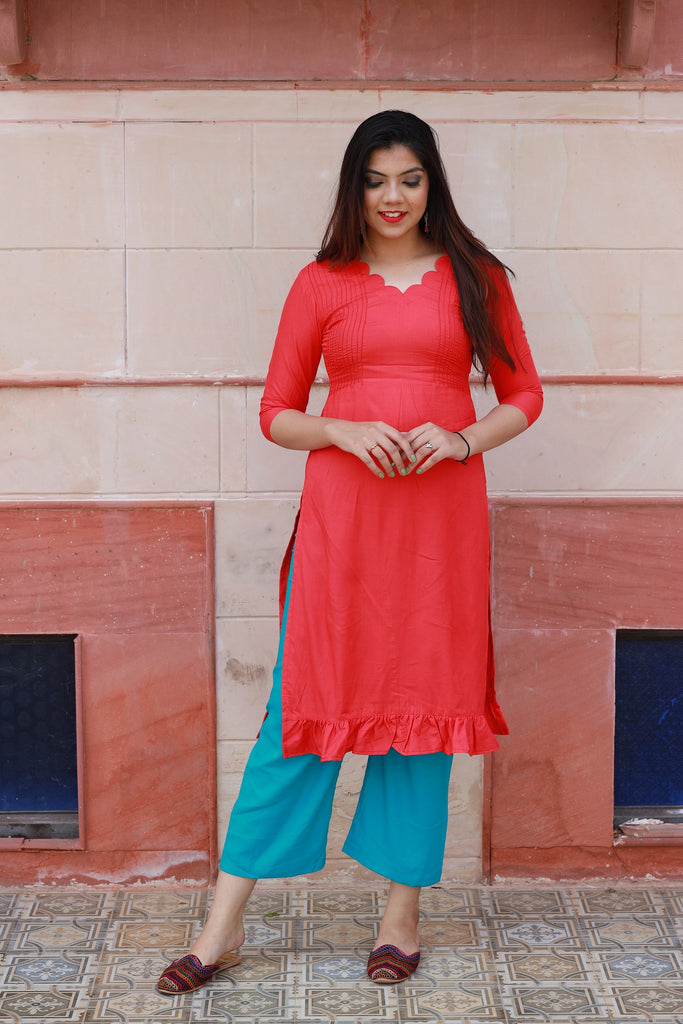 Pink And Black Color Cotton Base Round-Cut Sleeves Partywear Kurti