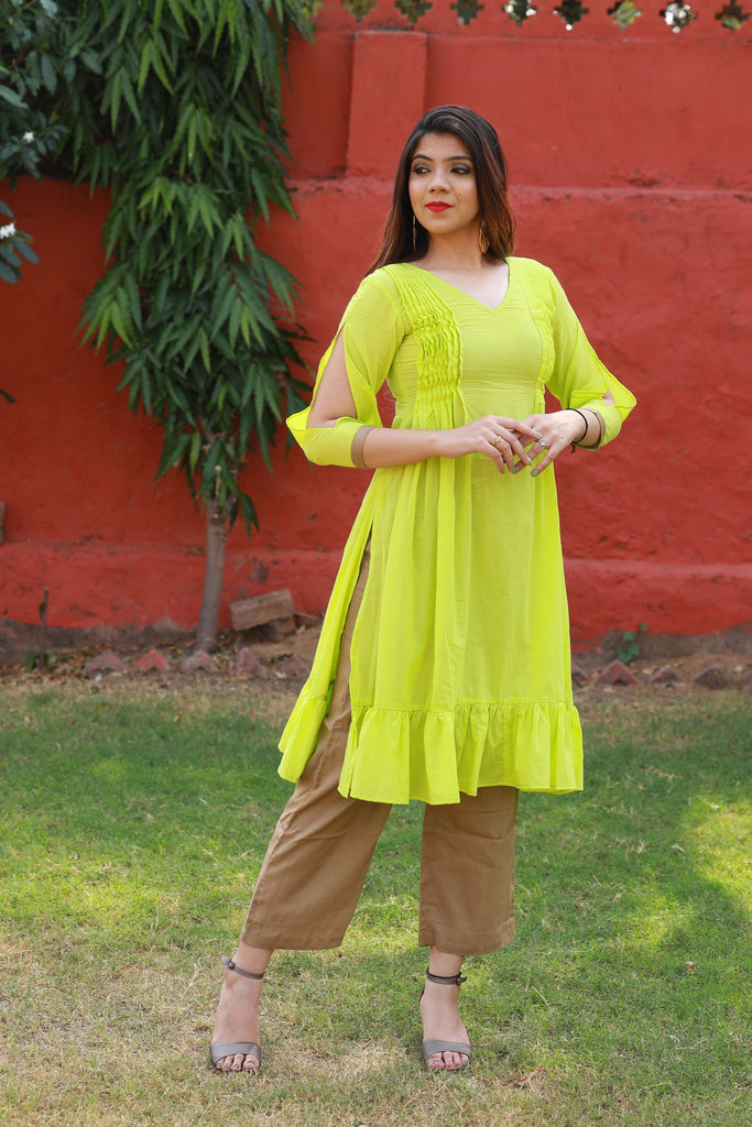 Jaipur Fabric Nation - FROCK STYLE KURTA WITH CONTRAST DHOTI #A06 Fabric -  rayon Stitching - stitched Work - golden Design - frock style short kurti  with dhoti and cold shoulders Colors