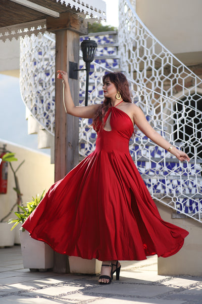 Red Halter Strap With Bias Cut Gown.
