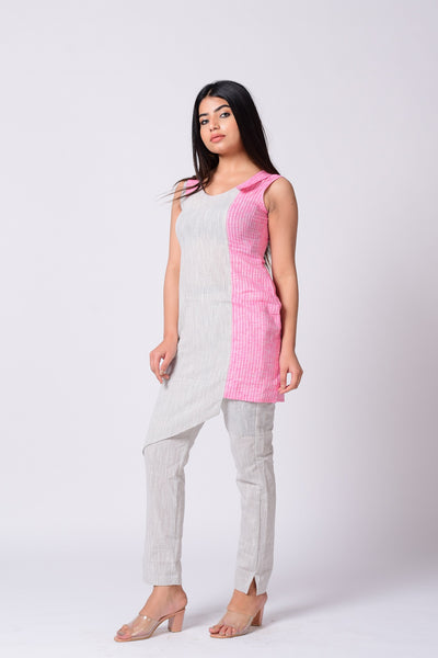 Pink Grey high-low Kurti With Pant Set.