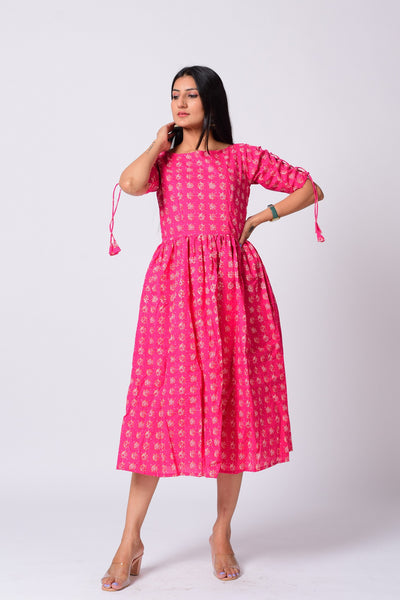Printed Pink Frock Style Dress.