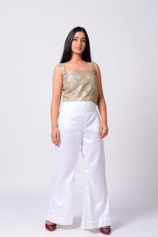 Golden Brocate Top With Bell Bottom Pant Set.