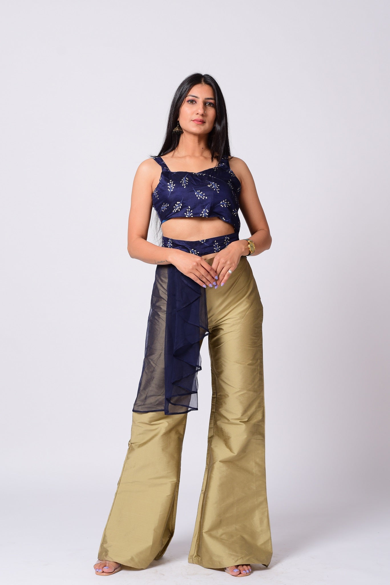 Midnight Blue Top With Bell Bottom Pant Set.