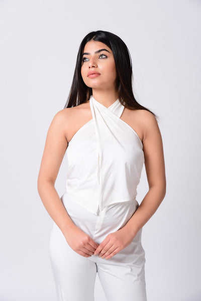 Halter Neck Draped Top With Pant Set.