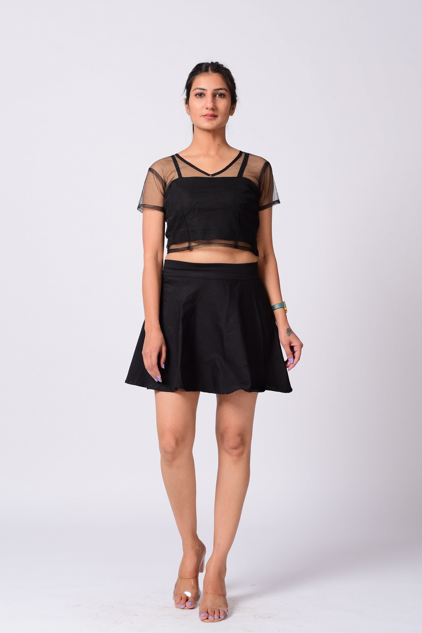 Black Net Crop Top With Short Skirt.