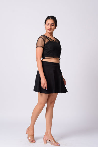 Black Net Crop Top With Short Skirt.