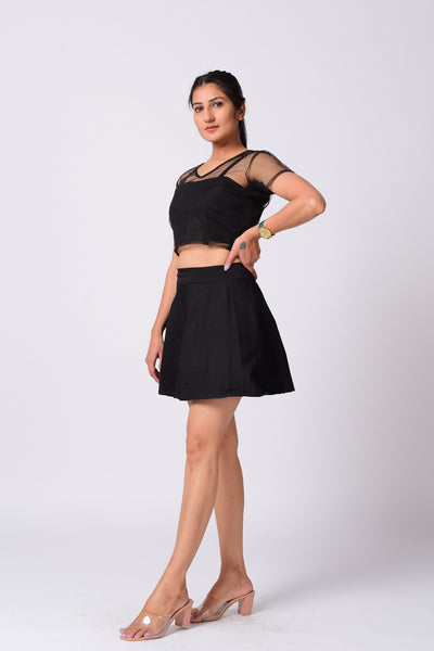 Black Net Crop Top With Short Skirt.