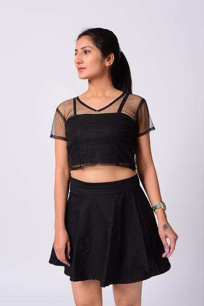 Black Net Crop Top With Short Skirt.