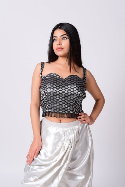 Black Grey Brocade Top With Dhoti Skirt.
