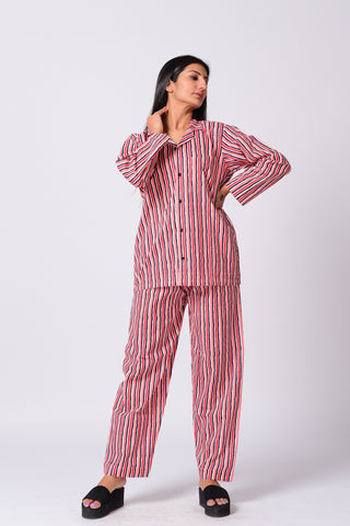 Multicolour Vertical Stripped Full Night Suit.
