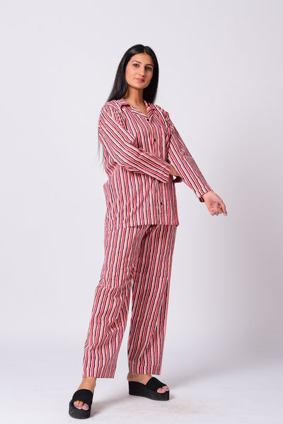 Multicolour Vertical Stripped Full Night Suit.